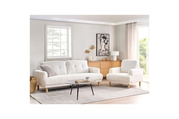 3-sitssoffa Beliani Tuve Beige, ljust trä, Bouclé White||Light colored wood - Møbler - Sofaer - Sofa 3 seter