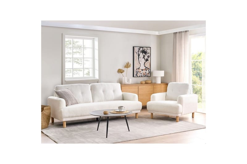 3-sitssoffa Beliani Tuve Beige, ljust trä, Bouclé White||Light colored wood - Møbler - Sofaer - Sofa 3 seter