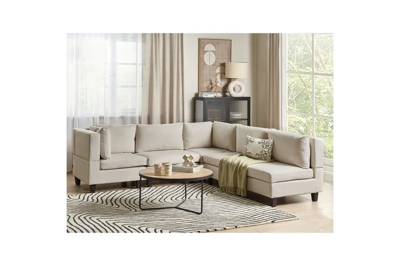 5-sits Hörnsoffa Beliani Unstad Beige/svart, Högervänd, Polyester Beige, Black - Møbler - Sofaer - Modulsofaer - Komplett modulsofa