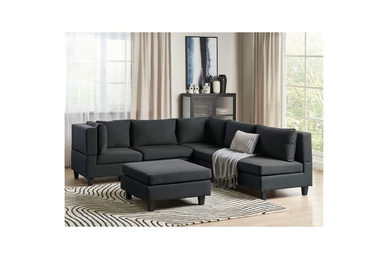 5-sits Hörnsoffa med fotpall Beliani Unstad Beige/svart, Högervänd, Polyester Black - Møbler - Sofaer - Modulsofaer - Komplett modulsofa