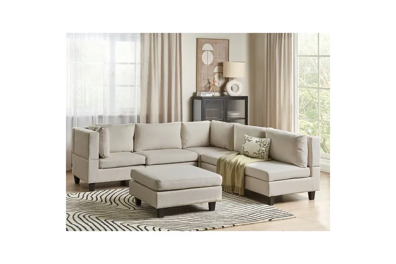 5-sits Hörnsoffa med fotpall Beliani Unstad Beige/svart, Högervänd, Polyester Beige, Black - Møbler - Sofaer - Modulsofaer - Komplett modulsofa