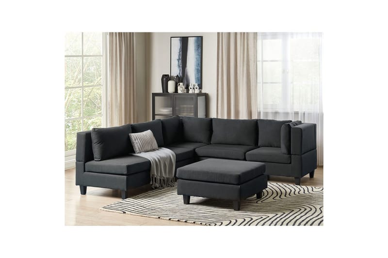 5-sits Hörnsoffa med fotpall Beliani Unstad Blå/Svart, Vänstervänd, Polyester Black - Møbler - Sofaer - Modulsofaer - Komplett modulsofa
