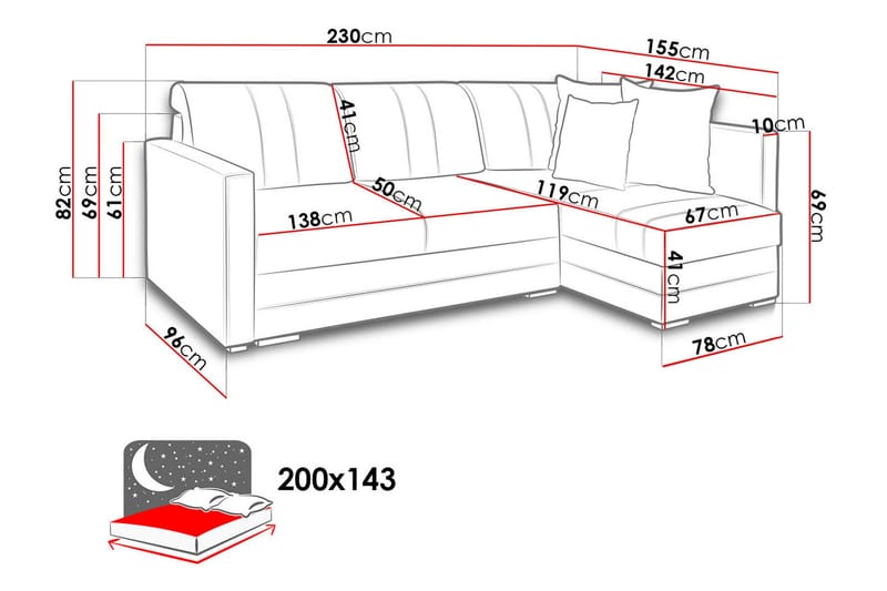 Alba 4-seters Venstrevendt L-formet Sovesofa 143x200 cm med Oppbevaring i Stoff - Grå - Møbler - Sofaer - Sovesofaer