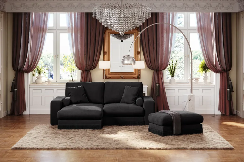 Arken Lyx 3-seter Vendbar L-formet Dyp Divansofa i fløyel - Svart - Møbler - Sofaer - Sofa med sjeselong