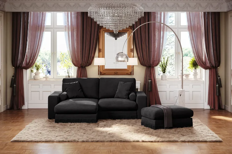 Arken Lyx 3-seter Vendbar L-formet Dyp Divansofa i fløyel - Svart - Møbler - Sofaer - Sofa med sjeselong