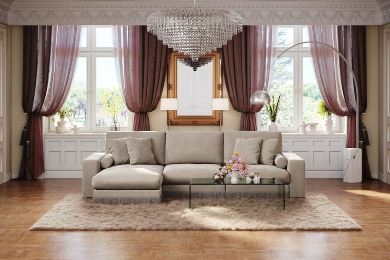 Arken Lyx 5-seter Vendbar L-formet Dyp Divansofa i fløyel - Beige - Møbler - Sofaer - Sofa med sjeselong