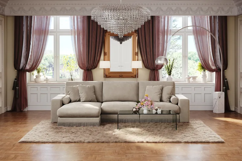 Arken Lyx 5-seter Vendbar L-formet Dyp Divansofa i fløyel - Beige - Møbler - Sofaer - Sofa med sjeselong