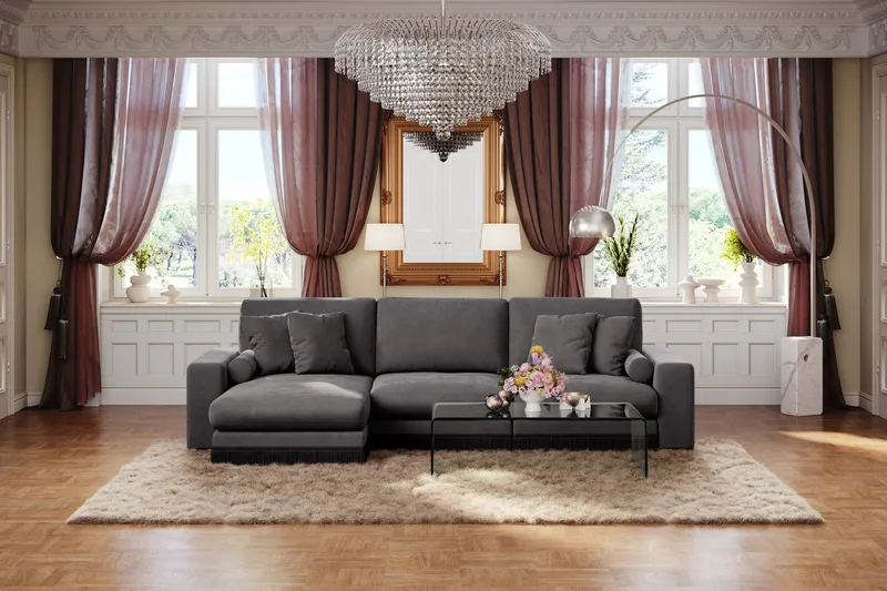 Arken Lyx 5-seter Vendbar L-formet Dyp Divansofa i fløyel - Mørkegrå - Møbler - Sofaer - Sofa med sjeselong