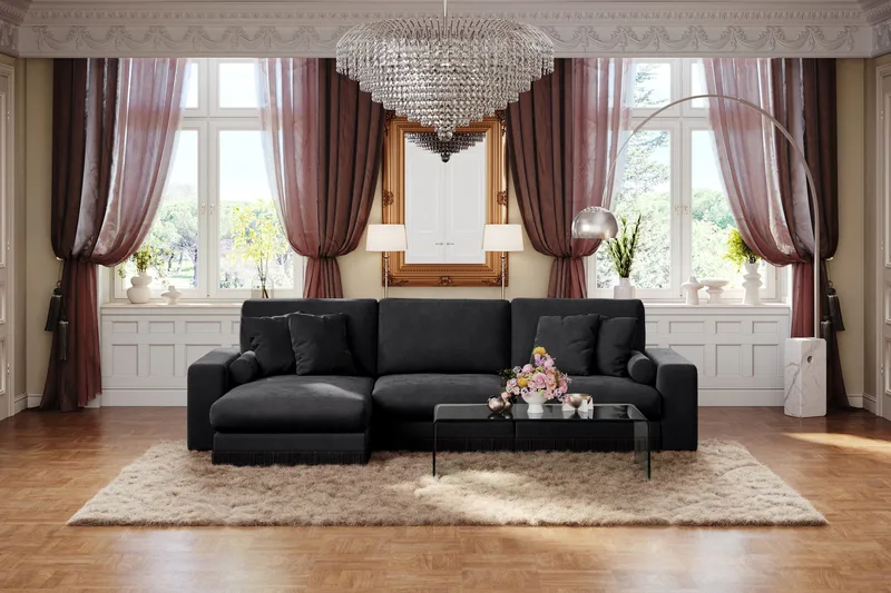 Arken Lyx 5-seter Vendbar L-formet Dyp Divansofa i fløyel - Svart - Møbler - Sofaer - Sofa med sjeselong