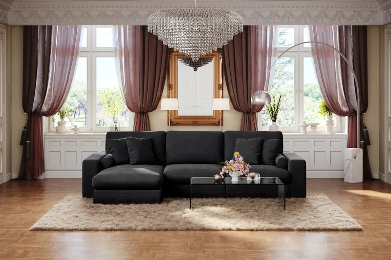 Arken Lyx 5-seter Vendbar L-formet Dyp Divansofa i fløyel - Svart - Møbler - Sofaer - Sofa med sjeselong