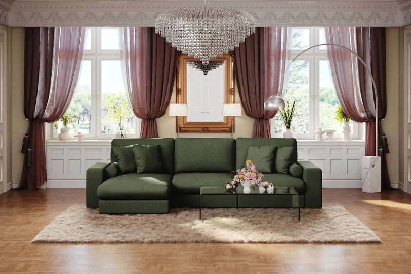 Arken Lyx 5-seter Vendbar L-formet Dyp Divansofa i stoff - Grön - Møbler - Sofaer - Sofa med sjeselong