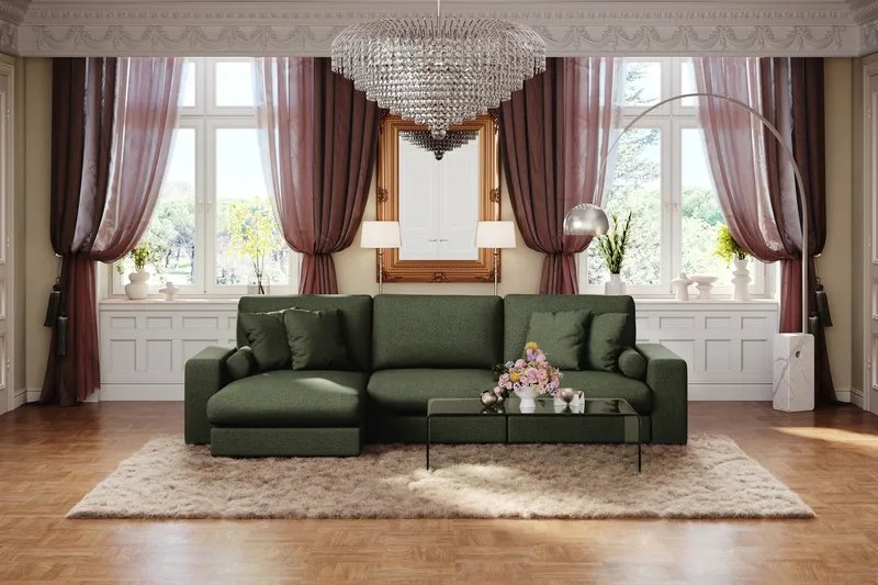 Arken Lyx 5-seter Vendbar L-formet Dyp Divansofa i stoff - Grön - Møbler - Sofaer - Sofa med sjeselong