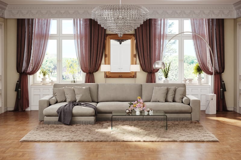 Arken Lyx 6-seter Vendbar L-formet Dyp Divansofa i fløyel - Beige - Møbler - Sofaer - Sofa med sjeselong
