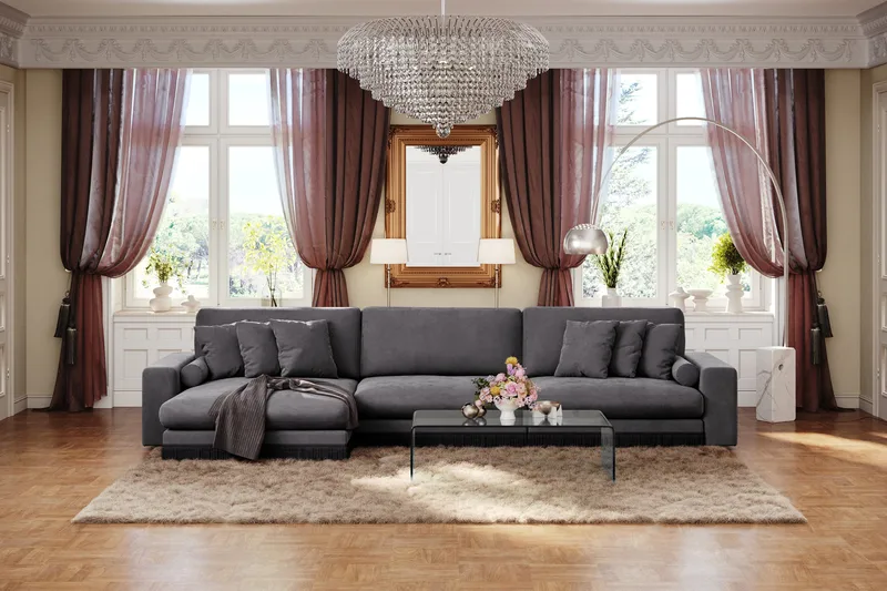 Arken Lyx 6-seter Vendbar L-formet Dyp Divansofa i fløyel - Mørkegrå - Møbler - Sofaer - Sofa med sjeselong