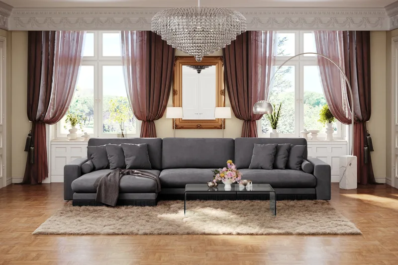 Arken Lyx 6-seter Vendbar L-formet Dyp Divansofa i fløyel - Mørkegrå - Møbler - Sofaer - Sofa med sjeselong