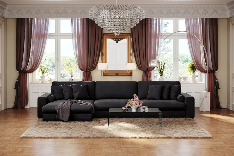 Arken Lyx 6-seter Vendbar L-formet Dyp Divansofa i fløyel - Svart - Møbler - Sofaer - Sofa med sjeselong