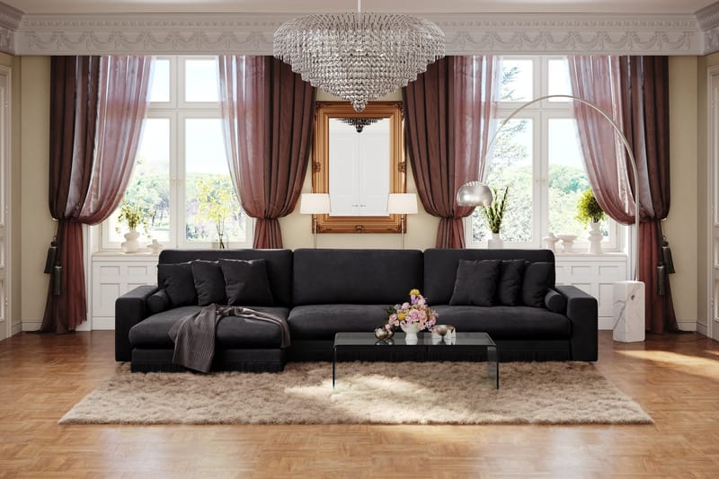 Arken Lyx 6-seter Vendbar L-formet Dyp Divansofa i fløyel - Svart - Møbler - Sofaer - Sofa med sjeselong