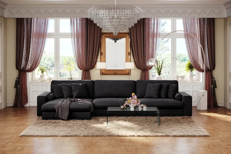 Arken Lyx 6-seter Vendbar L-formet Dyp Divansofa i fløyel - Svart - Møbler - Sofaer - Sofa med sjeselong