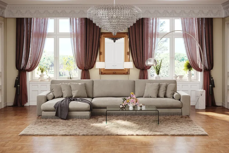 Arken Lyx 6-seters vendbar L-formet dyp divansofa i fløyel - Beige - Møbler - Sofaer - Sofa med sjeselong