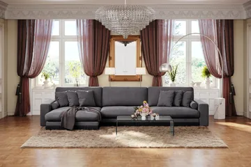 Arken Lyx 6-seters vendbar L-formet dyp divansofa i fløyel - Mørkegrå - Møbler - Sofaer - Sofa med sjeselong