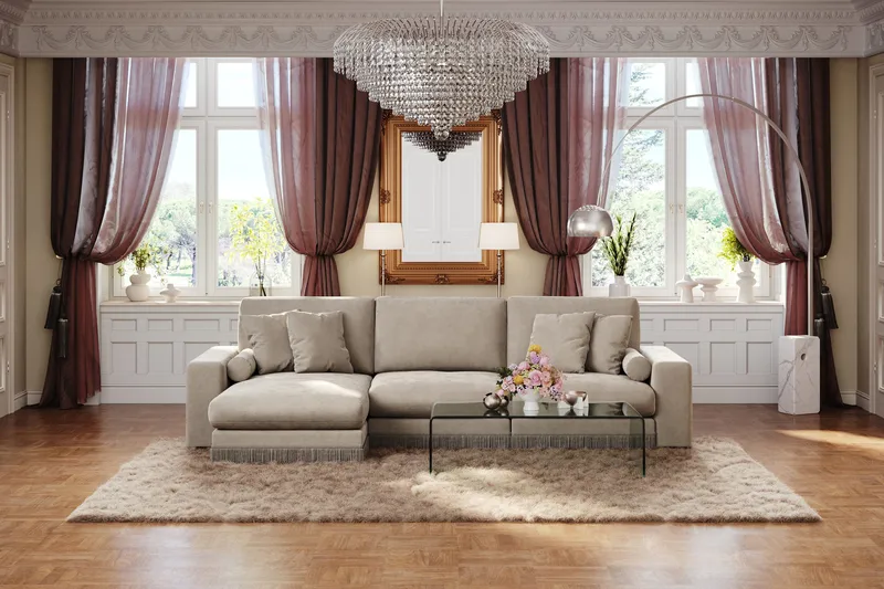 Arken Lyx vendbar, dyp 5-seters L-formet sjeselongsofa i fløyel - Beige - Møbler - Sofaer - Sofa med sjeselong