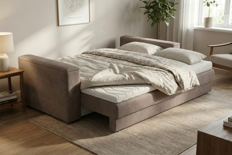 Bergen ekstra dyp framovervendt 3-seters sovesofa med overmadrass i polyeterskum, vendbar sommer- og vinterside, og vaskbart trekk - Beige stoff - Møbler - Sofaer - Sovesofaer - 3 seters sovesofa