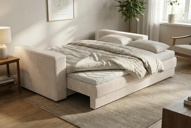 Bergen Ekstra dyp fremoveruttrekkbar 3-seters sovesofa med overmadrass i lateks og vaskbart trekk - Beige manchester - Møbler - Sofaer - Sovesofaer - 3 seters sovesofa