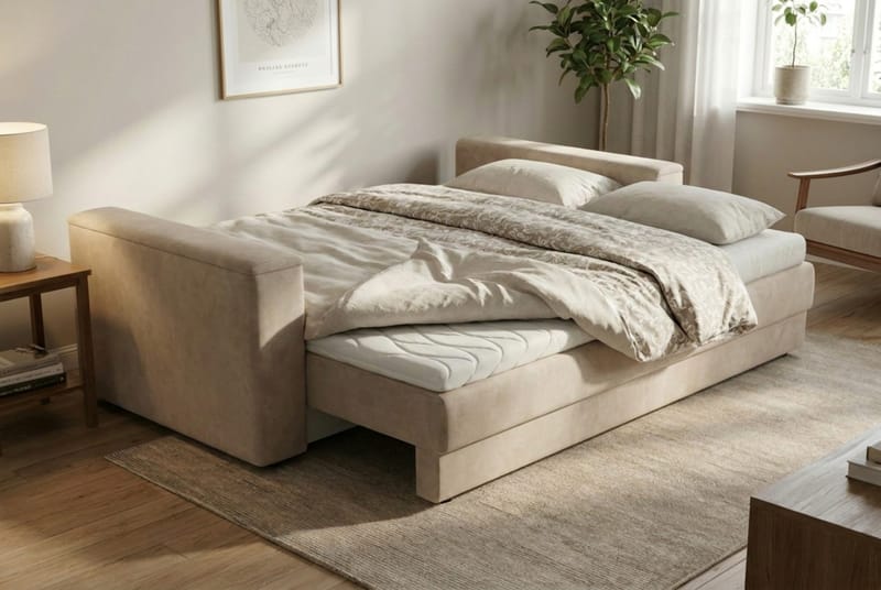 Bergen Ekstra dyp fremoveruttrekkbar 3-seters sovesofa med overmadrass i polyeterskum, vendbar sommer- og vinterside og vaskbart trekk - Brunt stoff - Møbler - Sofaer - Sovesofaer - 3 seters sovesofa