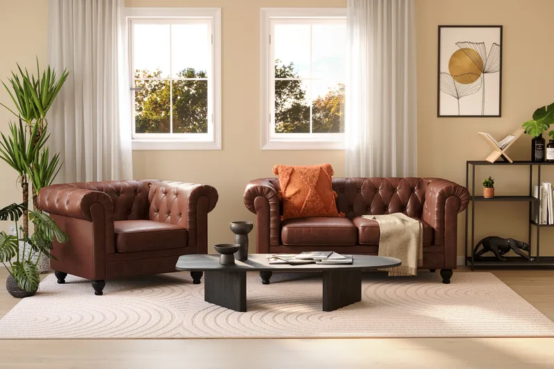 Chesterfield Lyx 2-seter Dyp sofa kunstskinn - Mørk brun PU - Møbler - Sofaer - 2 seter sofa
