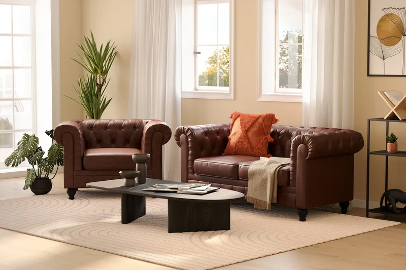 Chesterfield Lyx 2-seter Dyp sofa kunstskinn - Mørkebrun - Møbler - Sofaer - 2 seter sofa