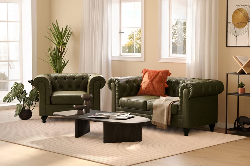 Chesterfield Lyx 2-seter Dyp sofa kunstskinn - Mørkegrønn PU - Møbler - Sofaer - 2 seter sofa