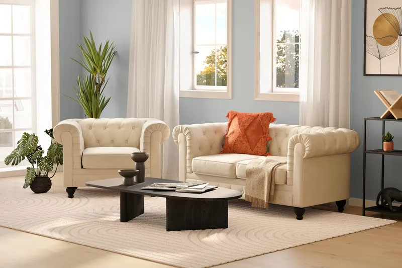 Chesterfield Lyx 2-seter Fløyelssofa – Liten dyp sofa - Beige Fløyel - Møbler - Sofaer - 2 seter sofa