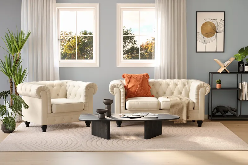 Chesterfield Lyx 2-seter Fløyelssofa – Liten dyp sofa - Beige Fløyel - Møbler - Sofaer - 2 seter sofa