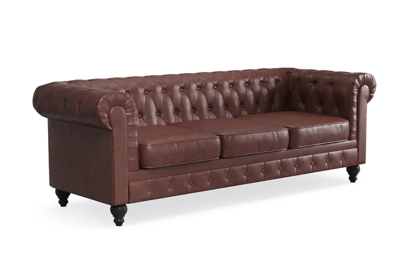 Chesterfield Lyx 3-seter Dyp sofa kunstskinn - Mørk brun PU - Møbler - Sofaer - Skinnsofaer