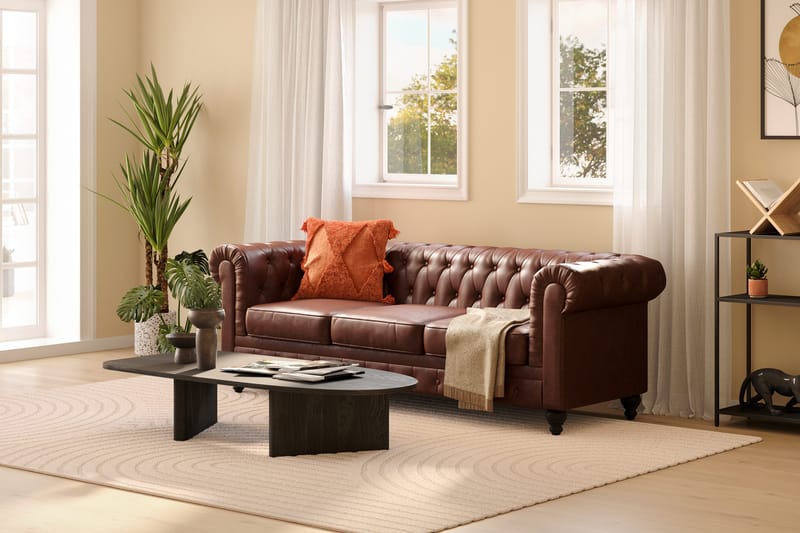 Chesterfield Lyx 3-seter Dyp sofa kunstskinn - Mørkebrun - Møbler - Sofaer - Chesterfield sofaer