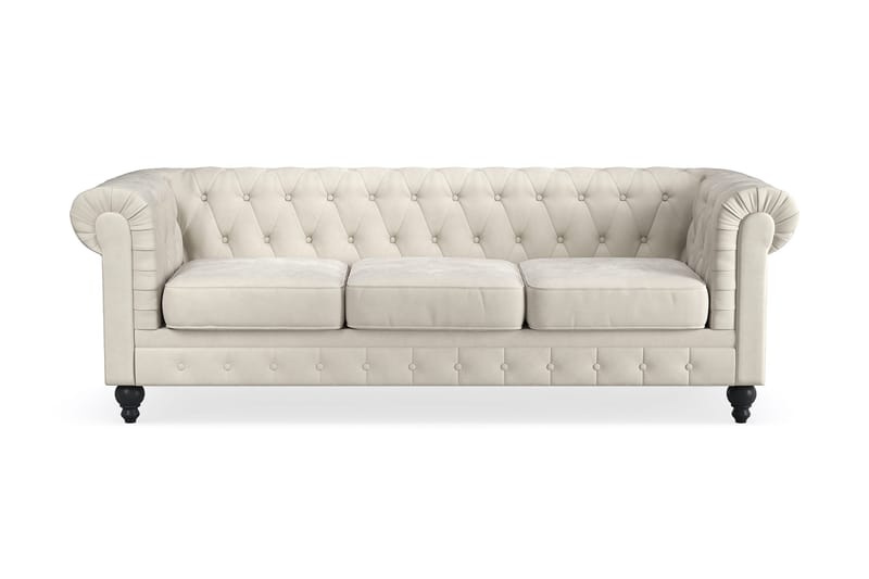 Chesterfield Lyx 3-seter Fløyelssofa – Dyp sofa, Beige / Hvit / Lys