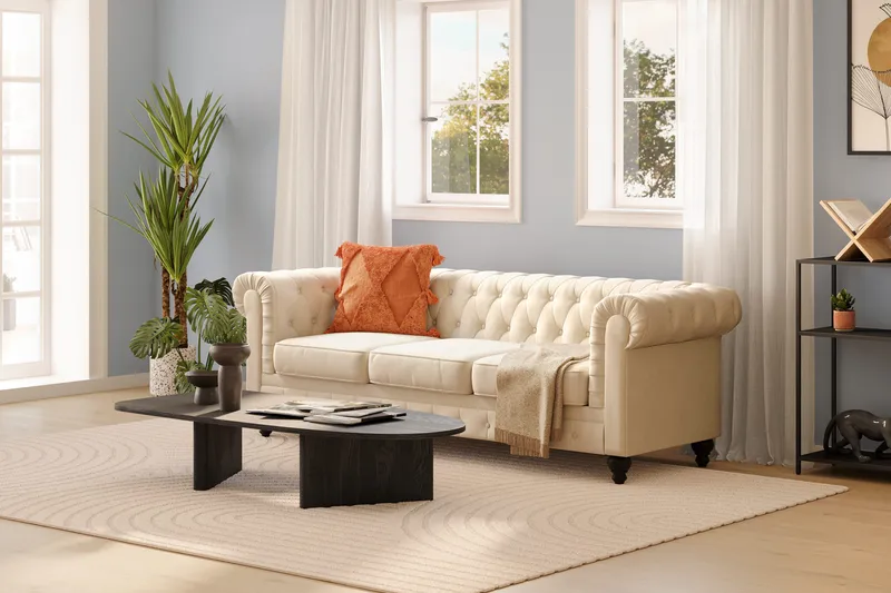 Chesterfield Lyx 3-seter Fløyelssofa – Dyp sofa - Beige / Hvit / Lys - Møbler - Sofaer - Chesterfield sofaer