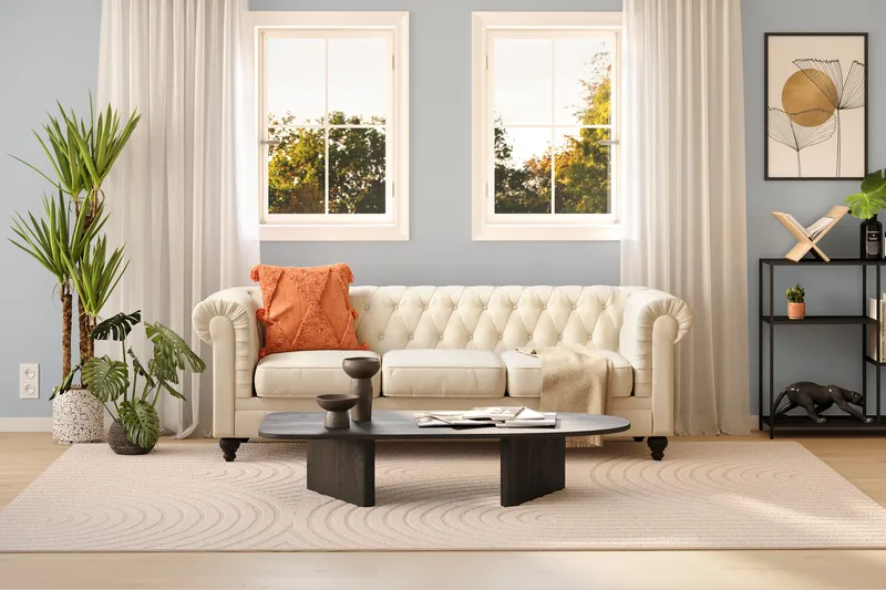 Chesterfield Lyx 3-seter Fløyelssofa – Dyp sofa - Beige / Hvit / Lys - Møbler - Sofaer - Chesterfield sofaer