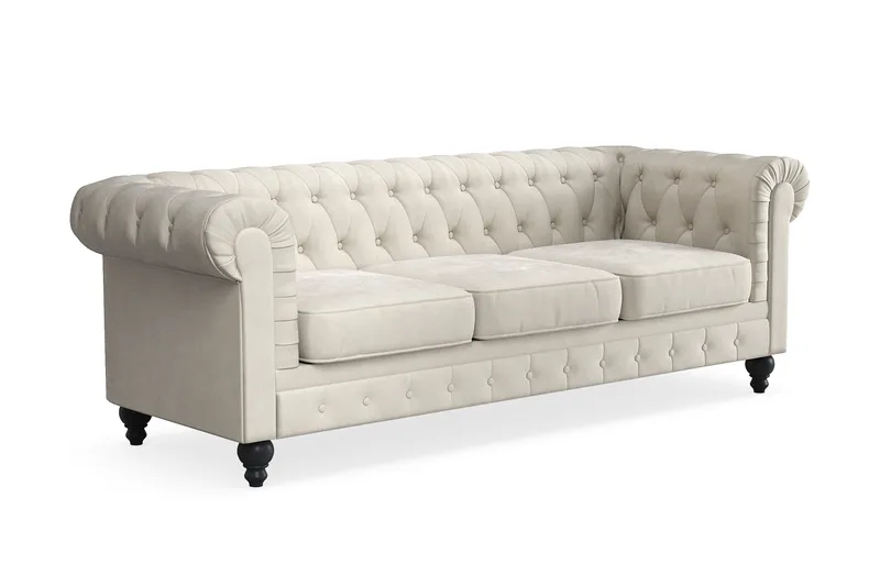 Chesterfield Lyx 3-seter Fløyelssofa – Dyp sofa - Beige / Hvit / Lys - Møbler - Sofaer - Chesterfield sofaer