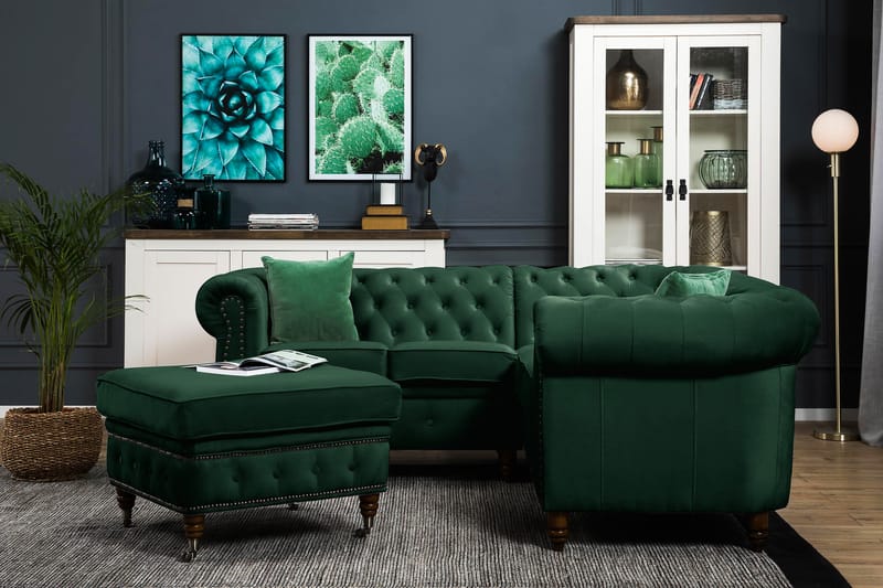 Chesterfield Deluxe Hjørnesofa Fløyel - Mørkegrønn - Møbler - Sofaer - Chesterfield sofaer