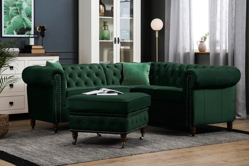 Chesterfield Deluxe Hjørnesofa Fløyel - Mørkegrønn - Møbler - Sofaer - Chesterfield sofaer