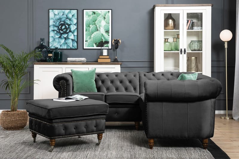 Chesterfield Deluxe Hjørnesofa Fløyel - Svart - Møbler - Sofaer - Chesterfield sofaer