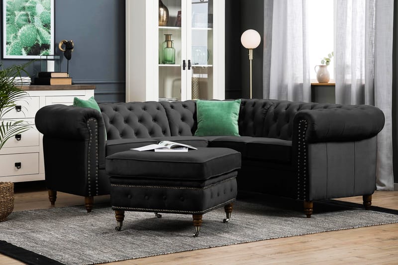 Chesterfield Deluxe Hjørnesofa Fløyel - Svart - Møbler - Sofaer - Chesterfield sofaer