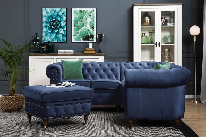 Chesterfield Deluxe Hjørnesofa Fløyel - Petrolblå - Møbler - Sofaer - Chesterfield sofaer