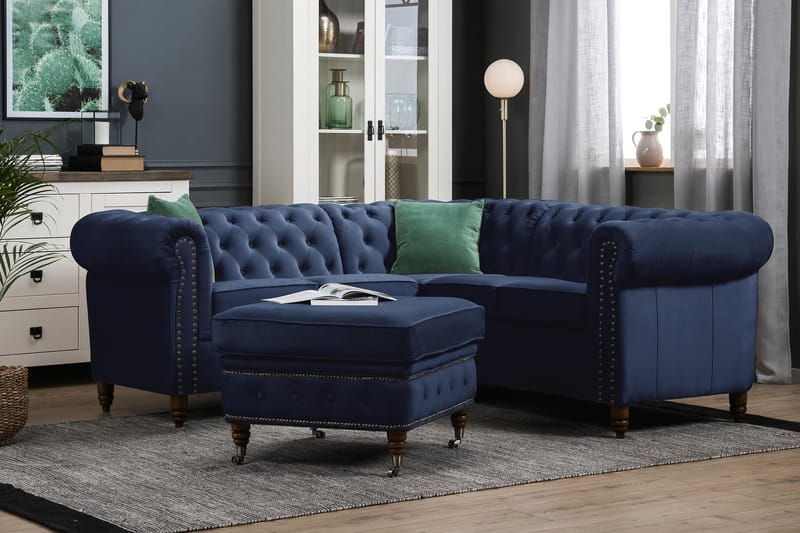 Chesterfield Deluxe Hjørnesofa Fløyel - Petrolblå - Hjørnesofa - Chesterfield sofaer - Chesterfield hjørnesofa - Fløyel sofaer