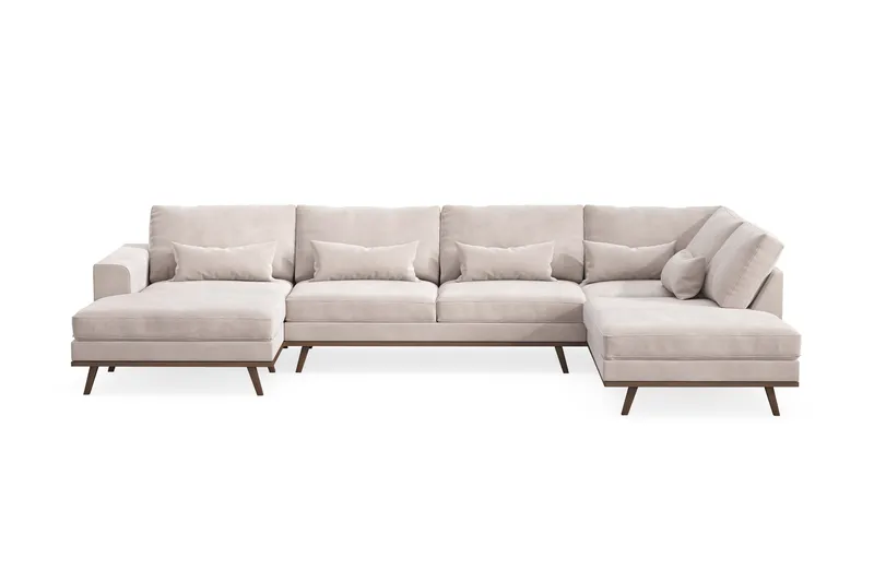 Copenhagen 5-seters høyrevendt stor U-formet sofa med divan og sjeselong i fløyel, Beige
