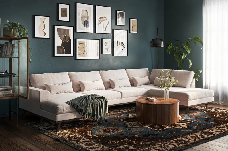 Copenhagen 5-seters Høyrevendt U-formet Large Sofa med Divan og Sjeselong i Chenille - Beige - Møbler - Sofaer - U-sofa