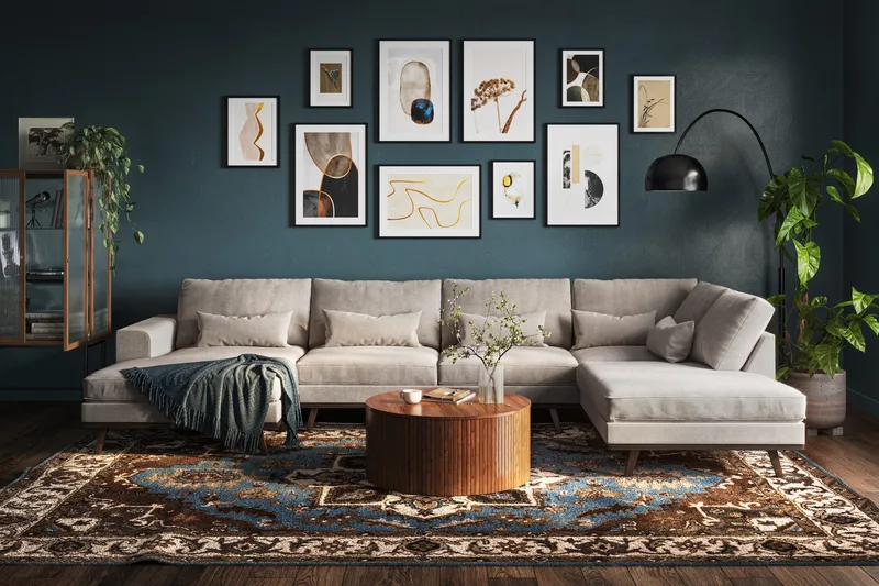 Copenhagen 5-seters Høyrevendt U-formet Large Sofa med Divan og Sjeselong i Chenille - Grå / Beige - Møbler - Sofaer - U-sofa