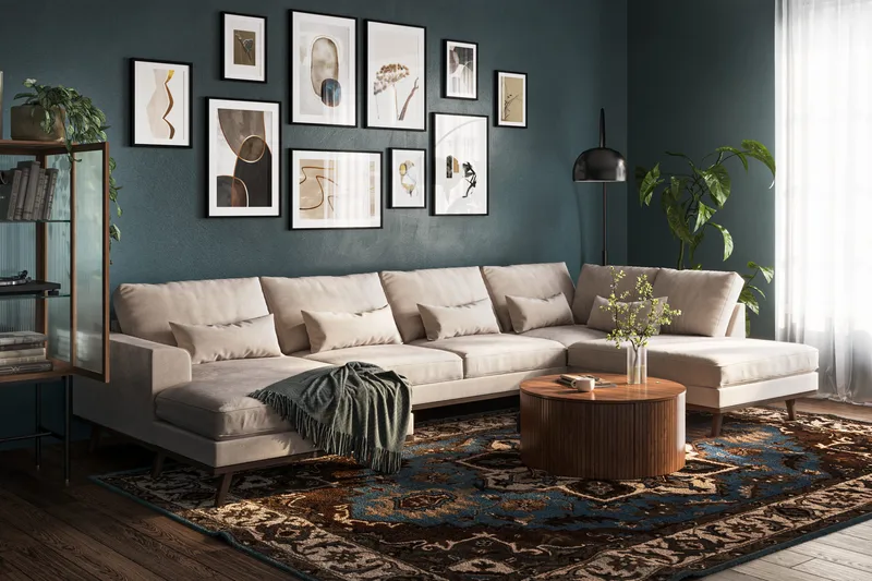 Copenhagen 5-seters Høyrevendt U-formet Large Sofa med Divan og Sjeselong i Fløyel - Beige - Møbler - Sofaer - U-sofa