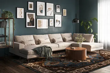 Copenhagen 5-seters Høyrevendt U-formet Large Sofa med Divan og Sjeselong i Fløyel - Beige - Møbler - Sofaer - U-sofa